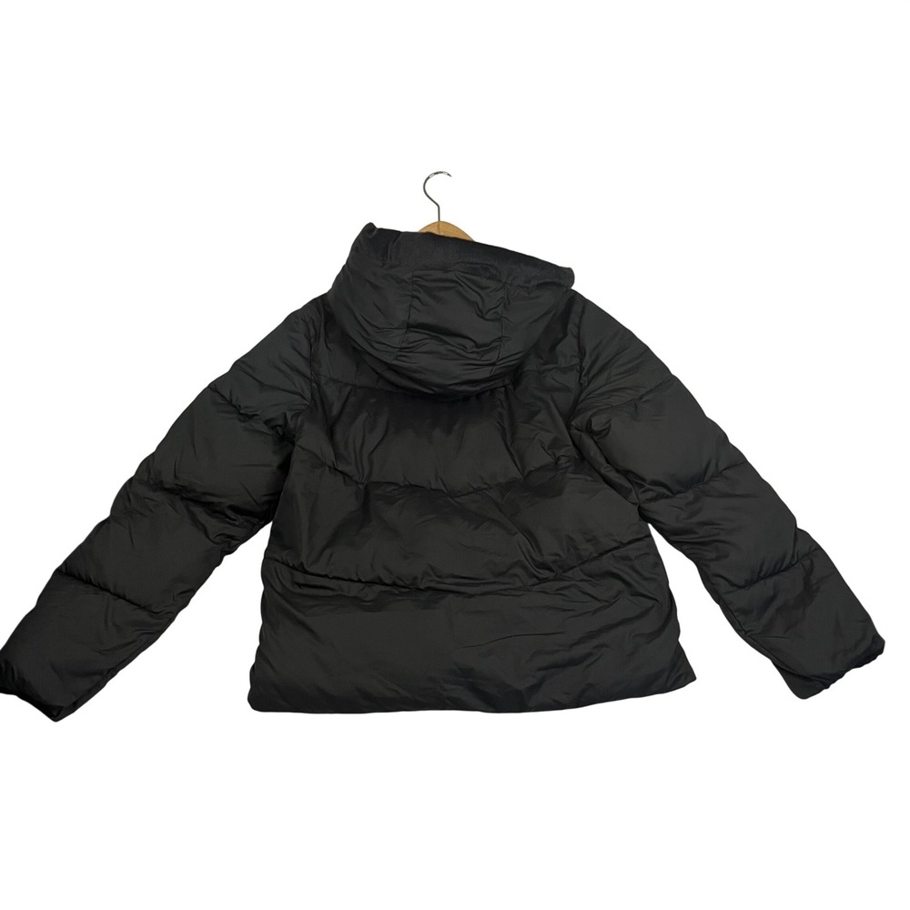 Black Hooded Puffer Jacket Faux Fur Lined Quilted Winter Coat Zip Snap Front - Picture 2 of 8